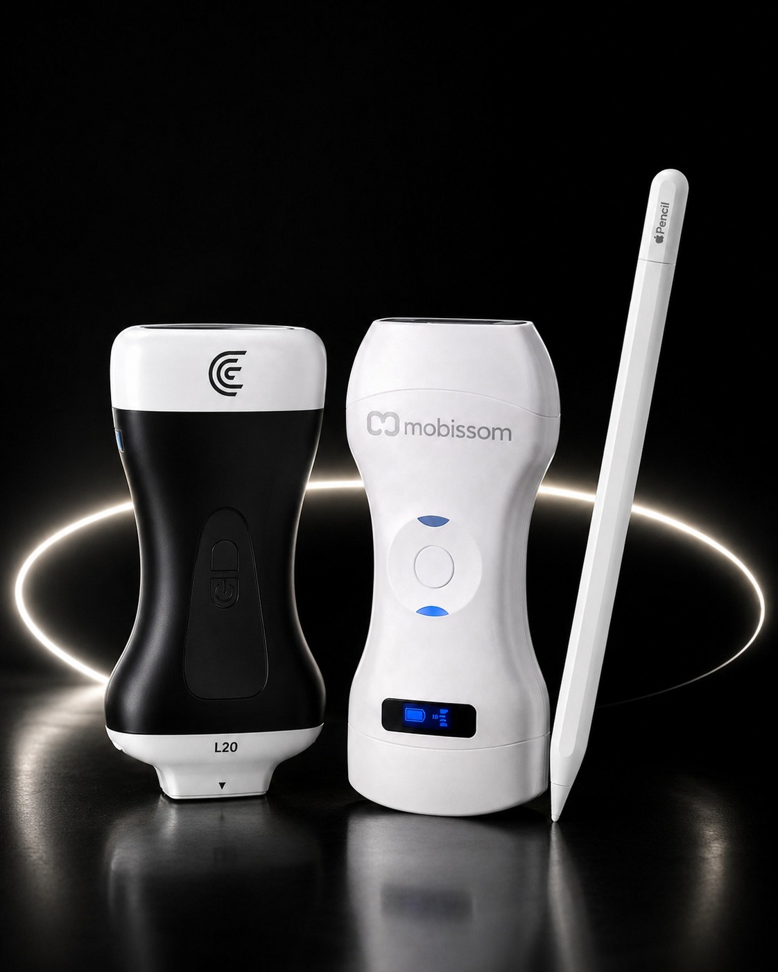 Transdutores Clarius L20 com marca Mobissom e Apple Pencil
